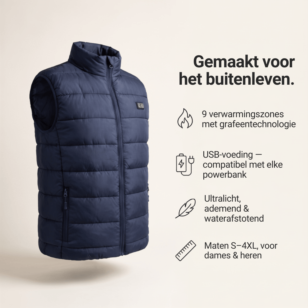 Verwarmende bodywarmer met 9 verwarmingszones – ultralicht, USB-aansluiting en ideaal voor gebruik buitenshuis.