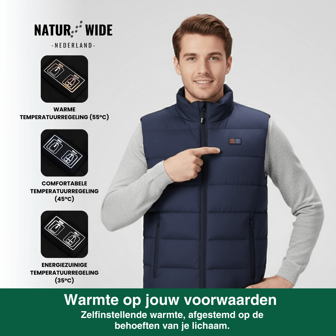 Verwarmende bodywarmer met 9 verwarmingszones – ultralicht, USB-aansluiting en ideaal voor gebruik buitenshuis.