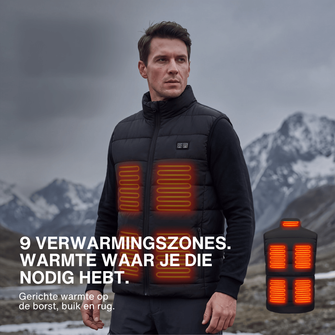 Verwarmende bodywarmer met 9 verwarmingszones – ultralicht, USB-aansluiting en ideaal voor gebruik buitenshuis.