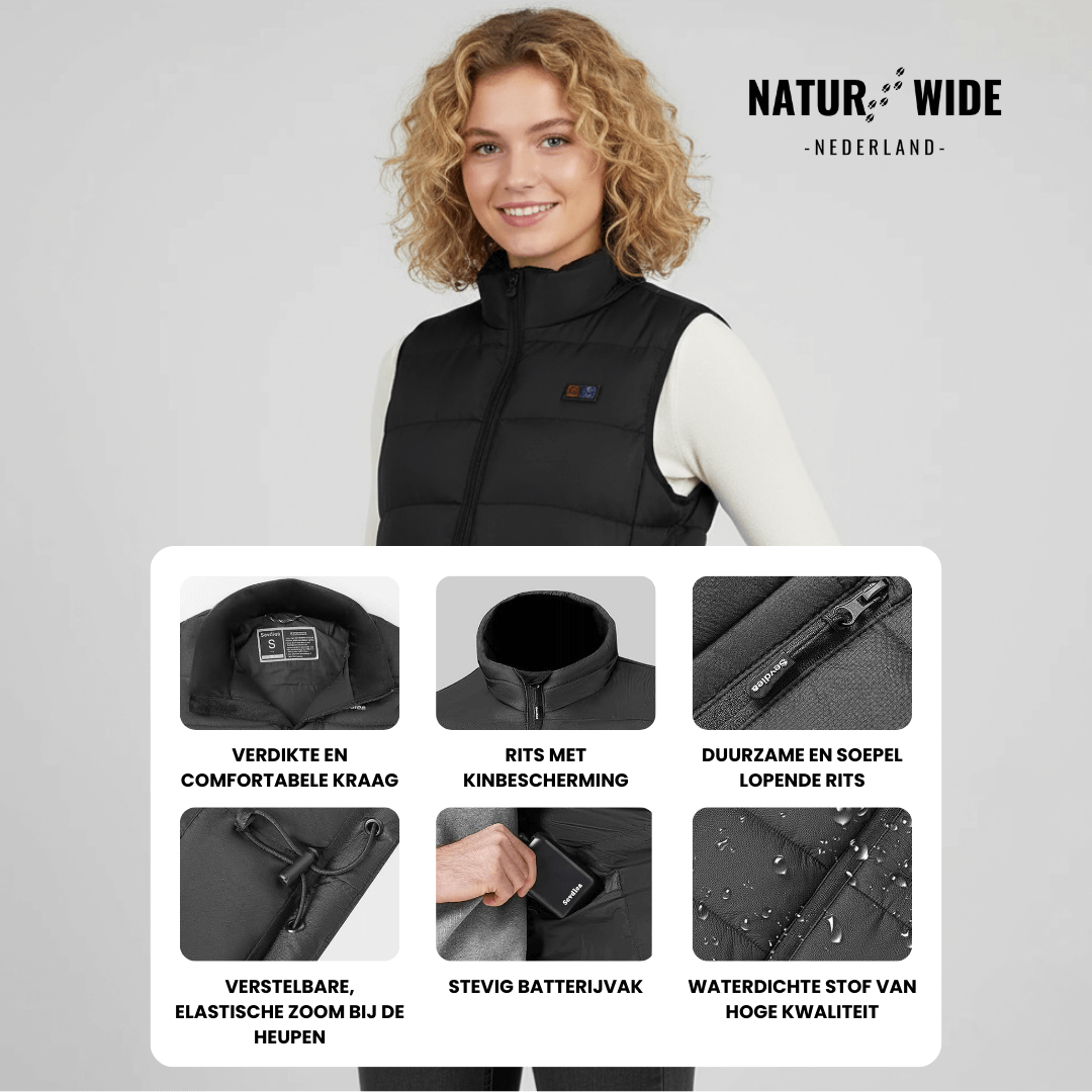 Verwarmende bodywarmer met 9 verwarmingszones – ultralicht, USB-aansluiting en ideaal voor gebruik buitenshuis.