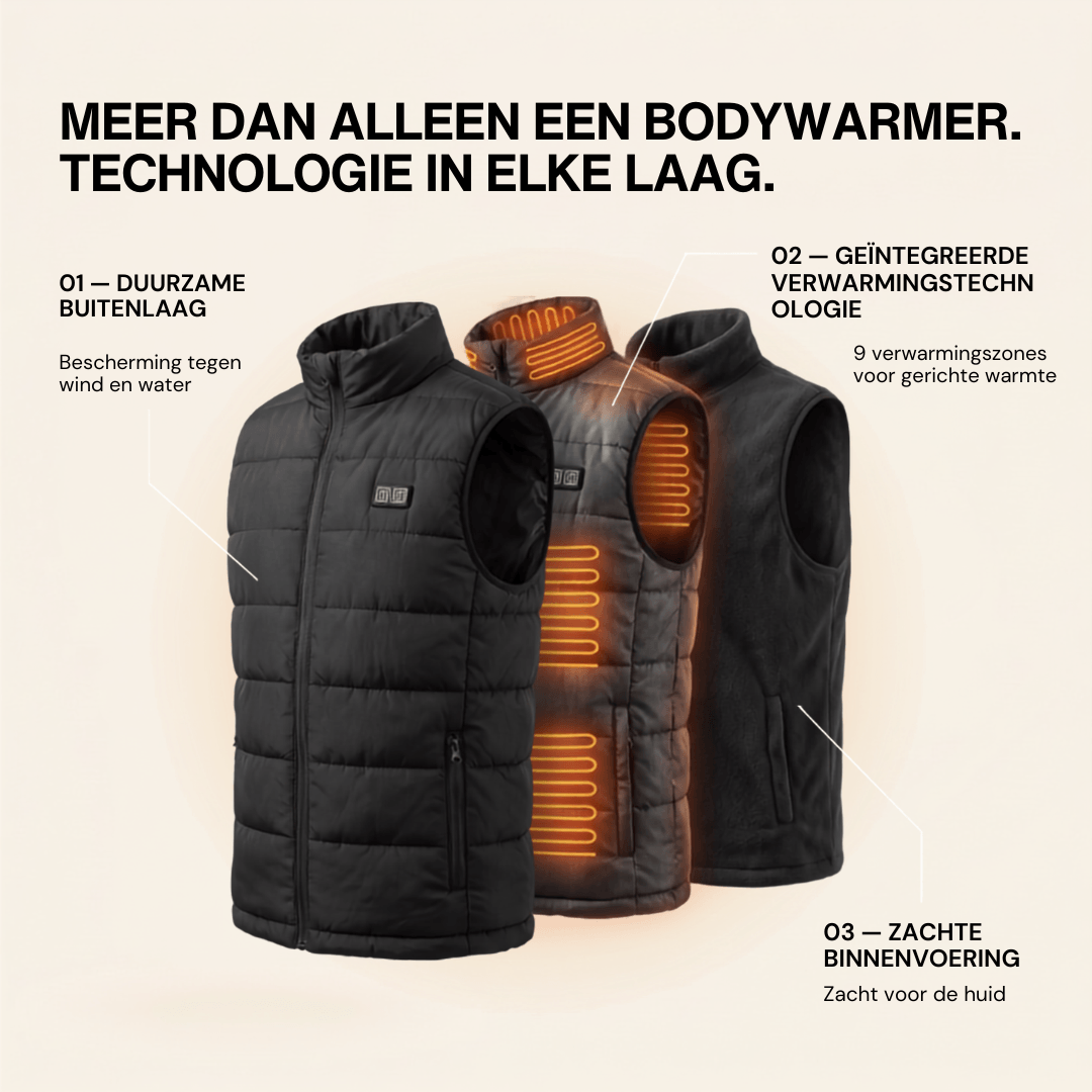 Verwarmende bodywarmer met 9 verwarmingszones – ultralicht, USB-aansluiting en ideaal voor gebruik buitenshuis.