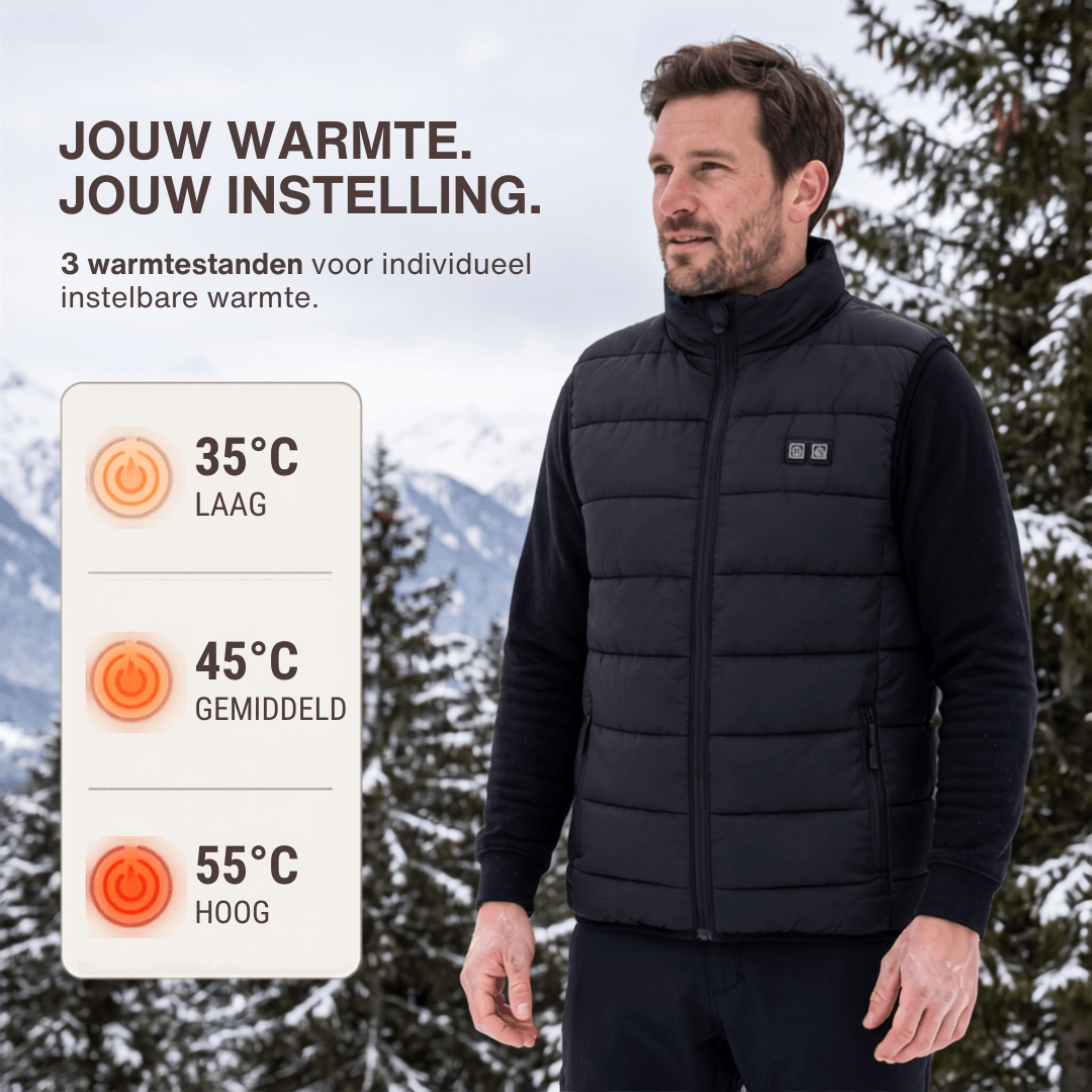Verwarmende bodywarmer met 9 verwarmingszones – ultralicht, USB-aansluiting en ideaal voor gebruik buitenshuis.