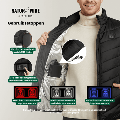 Verwarmende bodywarmer met 9 verwarmingszones – ultralicht, USB-aansluiting en ideaal voor gebruik buitenshuis.