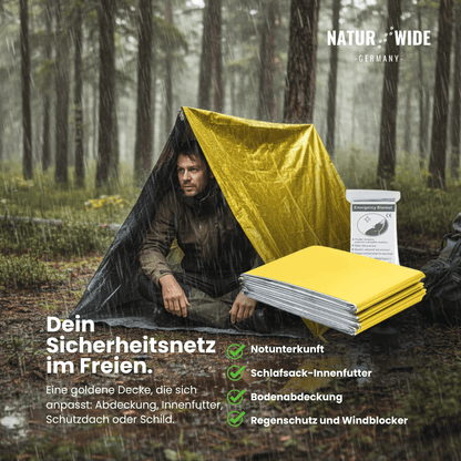 Notfall- & Rettungsdecke – Gold/Silber, wasserdicht, wärmeisolierend & reflektierend