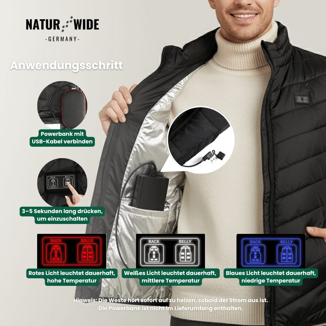 Beheizte Weste mit 9 Heiz-Zonen – Ultraleicht, USB-betrieben & ideal für Outdoor-Abenteuer