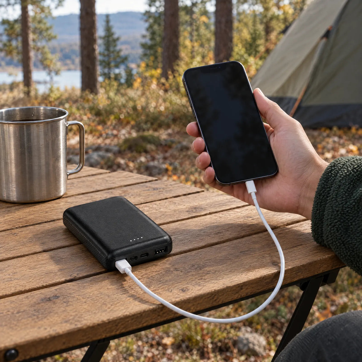 Smartphone opladen met de powerbank tijdens het kamperen
