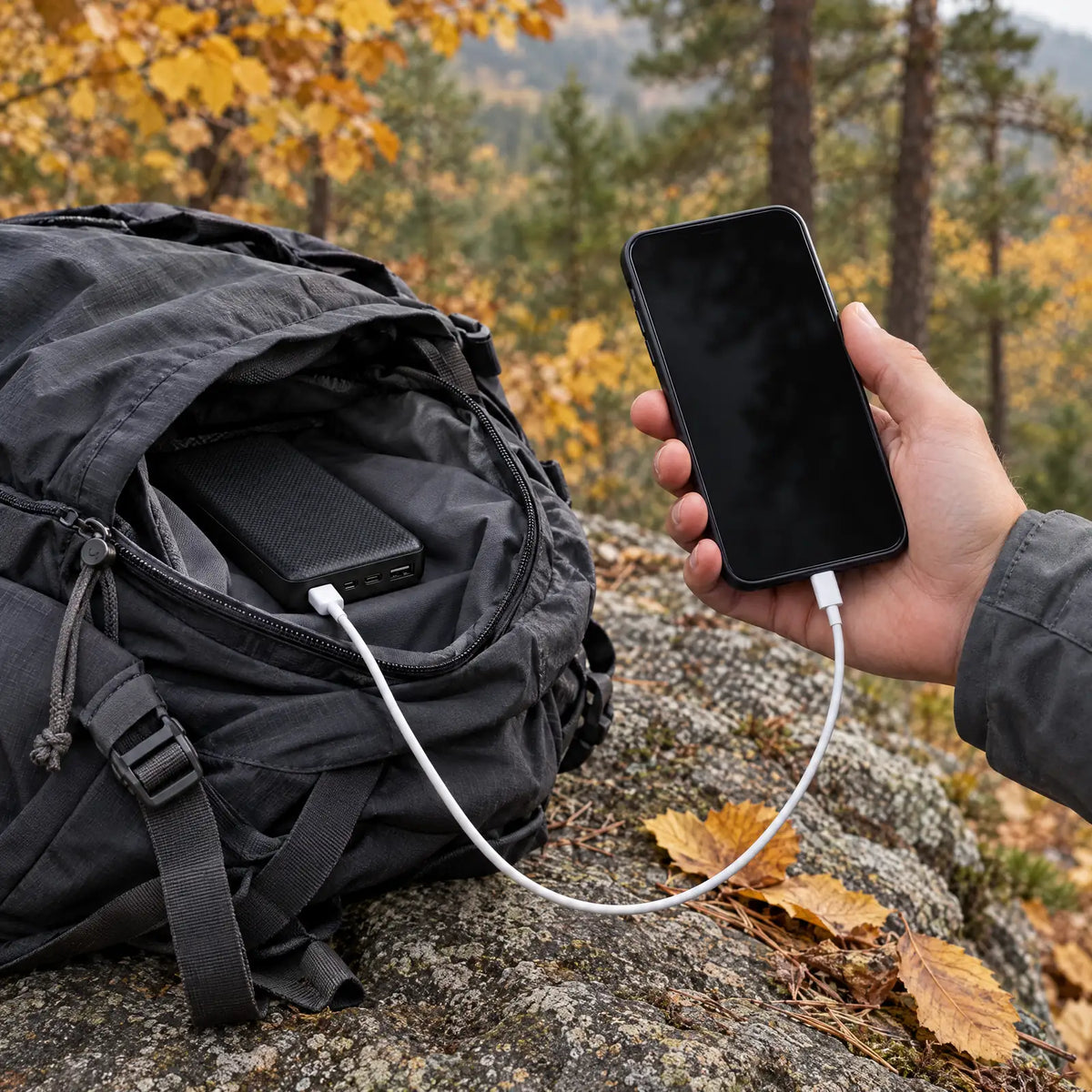 Smartphone opladen met de powerbank uit de rugzak tijdens het wandelen