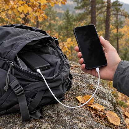 Smartphone opladen met de powerbank uit de rugzak tijdens het wandelen